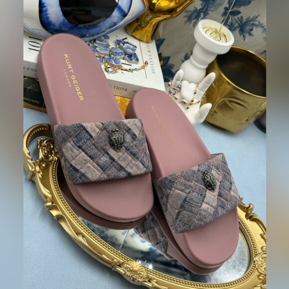 🆕 KURT GEIGER LONDON 🧿 NWOB Pink Bleach Denim Meena Eagle Slides, Sz 39 US8.5 - Picture 6 of 14
